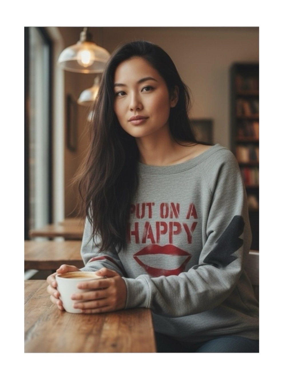 Lauren Moshi ᨎ Put On A Happy Oversized Sweatshirt ᨎ Heather Grey Red Lip ᨎ XS